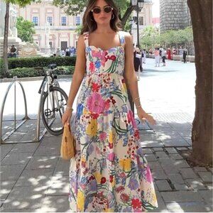 Women Floral Print Strappy Midi Long Dress Multicoloured Size M Sweetheart Boho